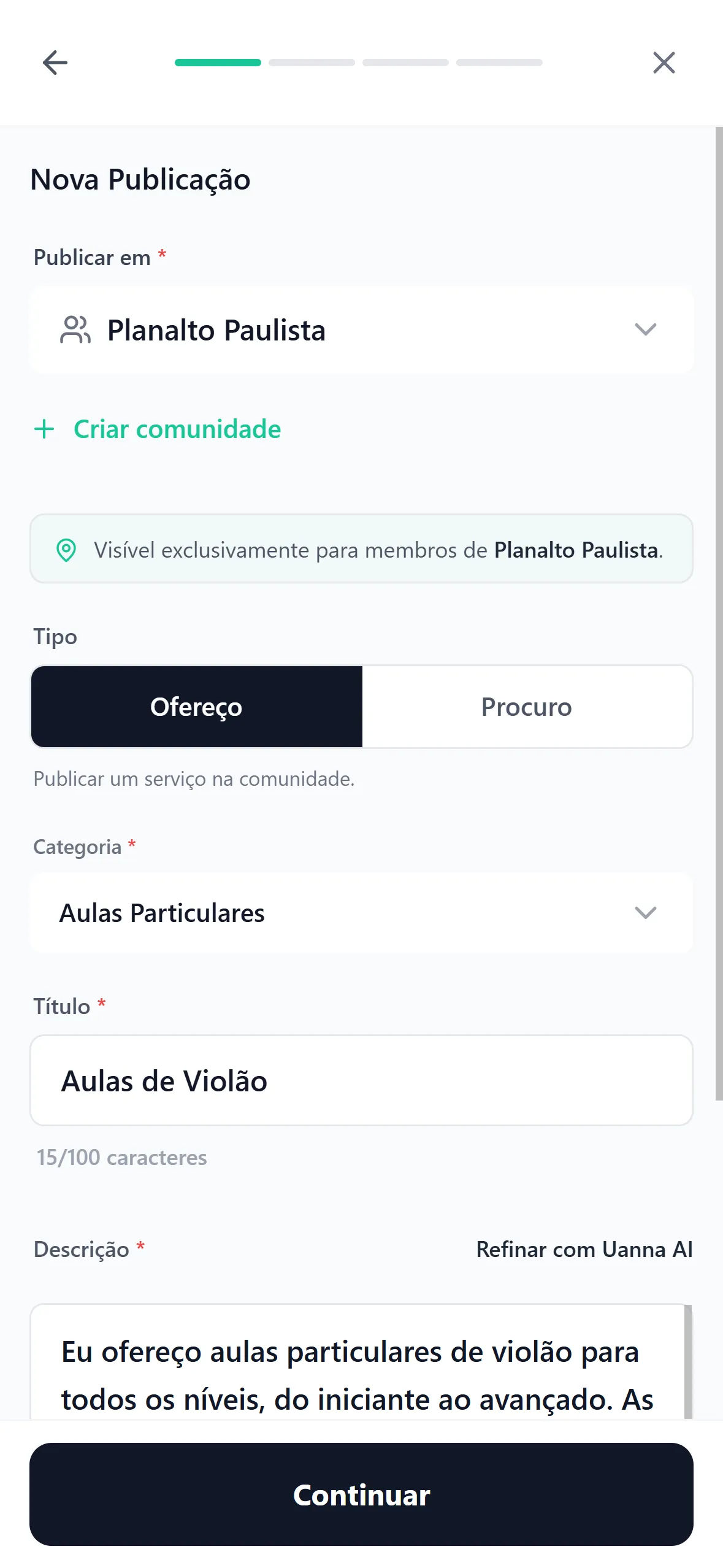 Escolha de categoria ao criar um serviço