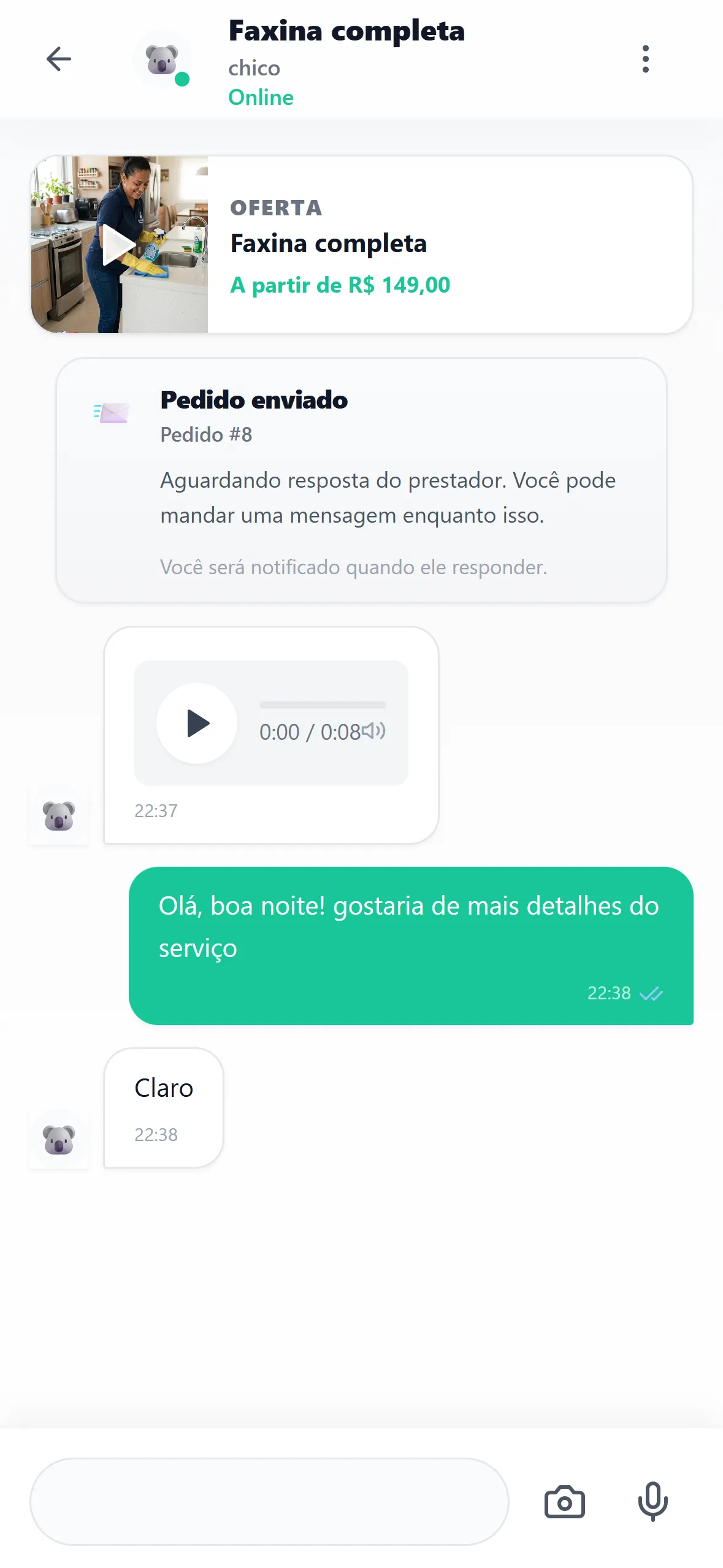 Conversa no chat da Uanna com o card do serviço no topo