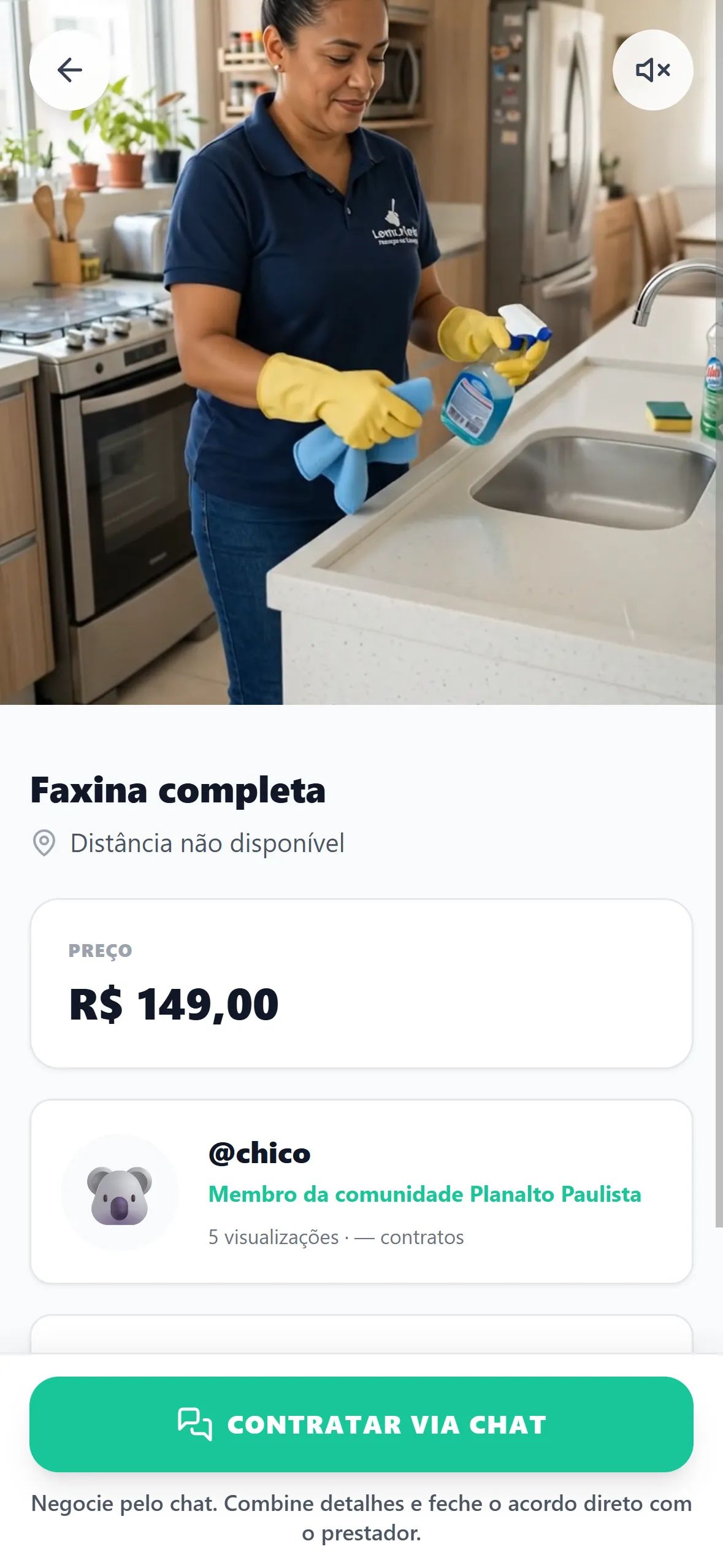 Tela de detalhe de um serviço, com preço e botão de chamar