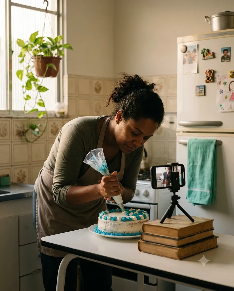 Confeiteira decorando um bolo enquanto o celular filma num tripé