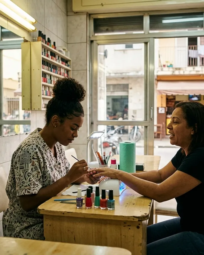 Manicure atendendo uma cliente num salão de bairro