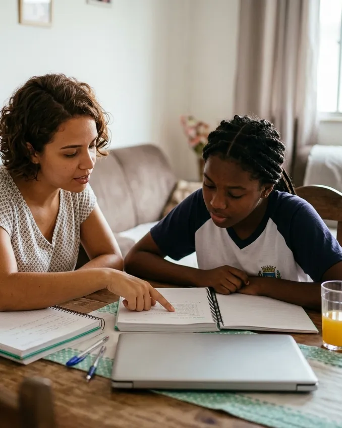 Aula particular na mesa da sala, com o caderno aberto entre as duas