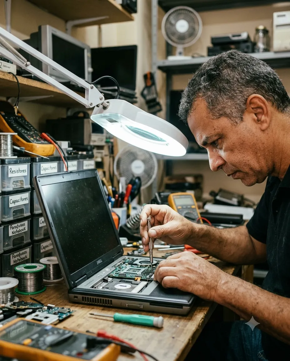 Técnico soldando a placa de um notebook na bancada, sob lupa