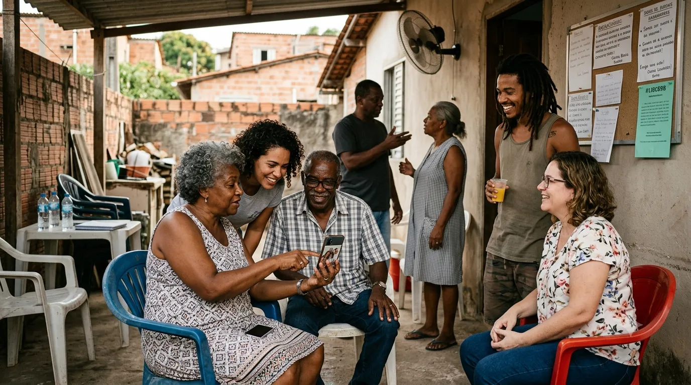 Vizinhos reunidos num quintal, olhando algo no celular
