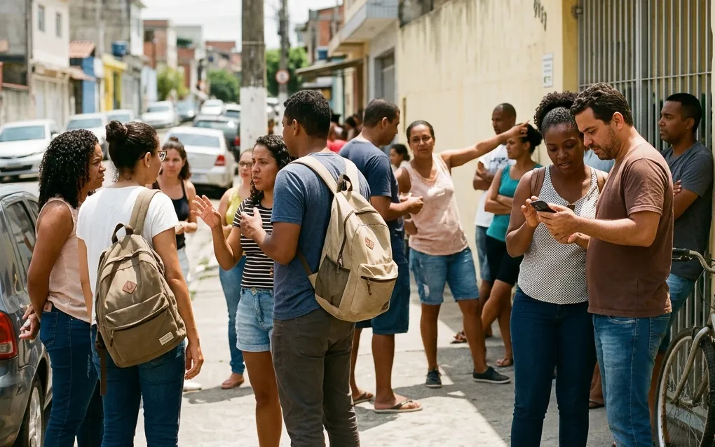 Grupo de pessoas conversando na calçada, na saída de um portão